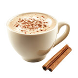 Creamy cappuccino in a white mug with cinnamon spice and cinnamon sticks creates a warm and inviting coffee break scene on transparent background