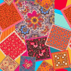Wall Mural - patchwork seamless pattern with mandalas, paisley, birds, flowers and beautiful borders. floral wall