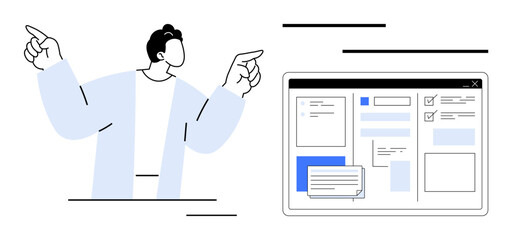 Person gesturing toward an interface design displaying structured layouts, checkboxes, and text fields. Ideal for UIUX design, teamwork, teaching, technology, brainstorming, creativity digital