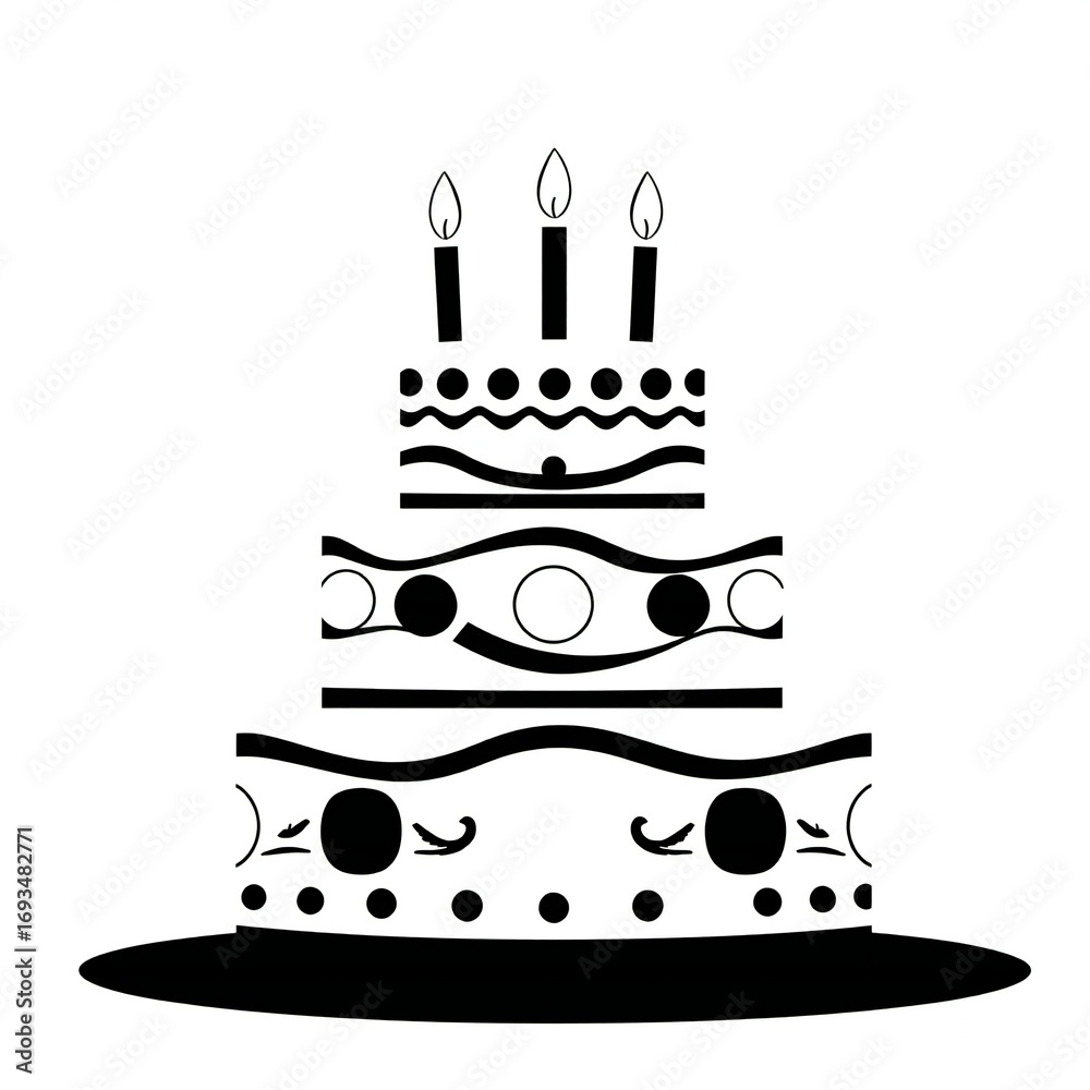 Stylized black and white three tier birthday cake with candles Stock ...