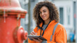 © Creative Art7 - a female water park worker in an orange safety jacket is using a tablet to record data about a fire hydrant, outdoors on a city street.