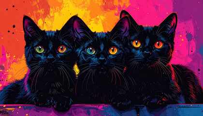 Naklejka na meble Three black kittens with vibrant colorful backgrounds, showcasing expressive eyes.