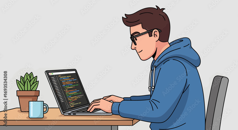 Man coding on a laptop at a desk, concentrating on the screen. Software ...