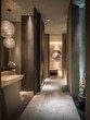 © arka - A sophisticated spa hallway showcases a blend of warm neutrals and contemporary design elements.