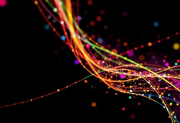 Wall Mural - Abstract multicolored particle network, vibrant lines and dots on black background ,  structure,  motion