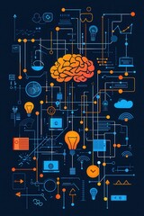 Wall Mural - illustration of technology concepts with neural brain and interconnected ideas