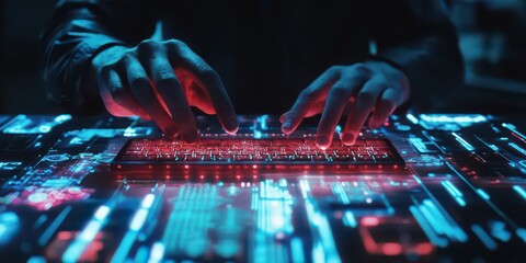 Hands typing on a glowing keyboard with futuristic technology interface design
