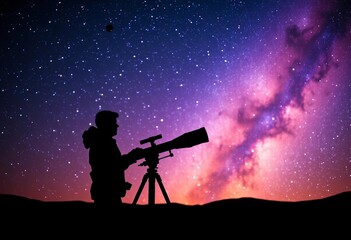 Wall Mural - Silhouette of astronomer with telescope against a vibrant star field, cosmos, dark