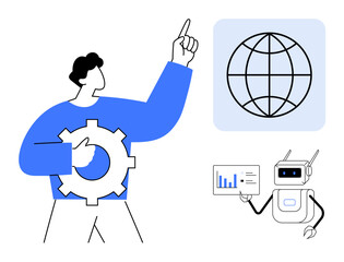 Wall Mural - Character holding gear gestures toward a global network icon, alongside a robot presenting data analytics. Ideal for technology, AI, innovation, teamwork, networking, global progress, education