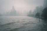 Heavy rain storm flooding city waterfront with rising water levels and poor visibility weather conditions