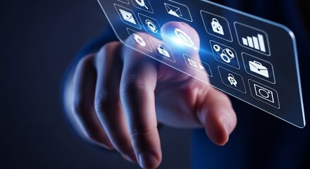 Hand touching futuristic digital interface, technology concept, innovation.