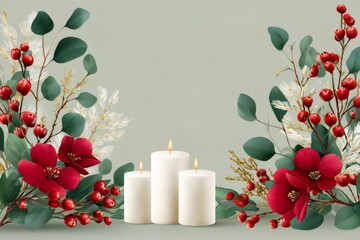 Wall Mural - burning christmas candles with red flowers and eucalyptus branches creating a festive atmosphere