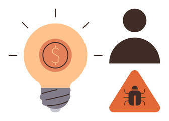 Light bulb with dollar sign, user icon, and warning triangle with bug. Ideal for innovation, finance, technology, cybersecurity, risk management software development and creativity. Simple flat