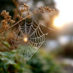 Glistening spiderweb with dewdrops in morning sunlight.
