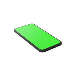 Modern smartphone mockup with vibrant green screen display isolated on black transparent background