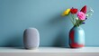 © Hobbit - Smart speaker and colorful flowers on a shelf