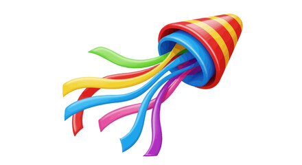 Colorful 3D party popper with exploding rainbow streamers and a striped cone.
