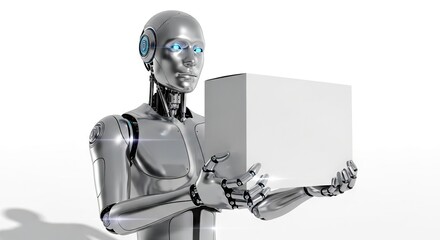 A metallic humanoid robot with glowing blue eyes presents a plain white rectangular box against a bright white background