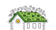 © Ilma - A charming hand-drawn illustration of an eco-friendly house with a lush green living roof, a smiling sun, and wind swirls.