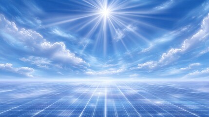 Bright sun shining, illuminating sky, with a grid-like floor pattern