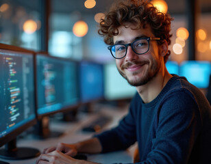 Young man with curly hair, glasses smiles working on code on multiple computer monitors. In tech hub focused on data security, privacy tools for wearables. Represents innovation, programming, modern