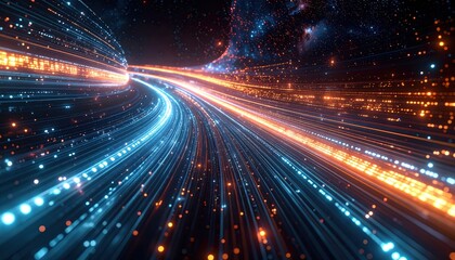 a dynamic digital tunnel, showcasing a vibrant array of glowing light trails, weaving through a dark