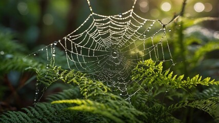 Delicate spider web adorned with dew drops, nestled among lush green ferns in a tranquil forest