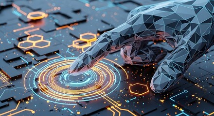 Technology and computer network background. Concepts of trading and electronics. A person using a computer with a hacker and a robot.
