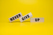 © Dadan - male hand put wooden blocks with never give up words text isolated on yellow background. motivational quote concept
