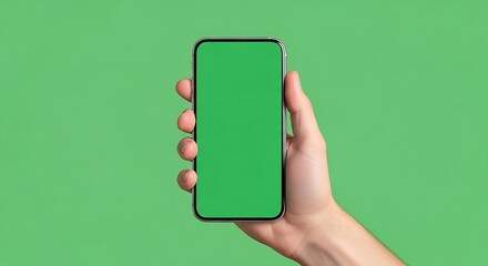 Hand holding smartphone with green screen mockup against green background