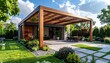 © Stefan Schurr - Wooden pergola covering the entrance of a modern house with beautiful garden
