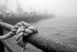 Close-up of a nautical knot on a metal railing, foggy harbor background