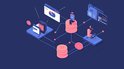 Isometric network system architecture with database servers laptop and developer coding interface technology concept flat vector illustration