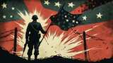 This historical war poster evokes courage and sacrifice with a bold soldier silhouette raising a flag amidst stylized battle elements like explosions and barbed wire.