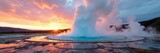 Spectacular geyser erupting, sending a plume of hot water and steam high into the air against a dramatic sky The surrounding geothermal landscape is rugged and colorful , column, colorful, heat