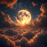Full moon in clouds, close up view of moon,moon full covered with red and white clouds ,big moon in clouds 