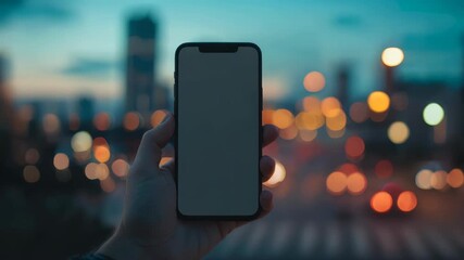 A blank smartphone screen against a bright nighttime cityscape filled with shining lights, reflecting the contrast between modern technology and urban nightlife in an elegant style