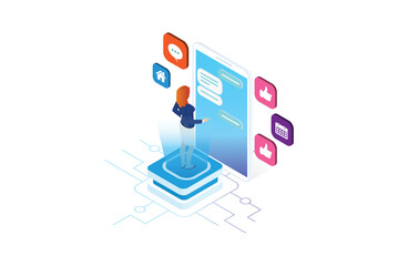 Modern Isometric programmer working in a software develop company office. Developing programming and coding technologies concept. UX UI User Interface and User eXperience Process.