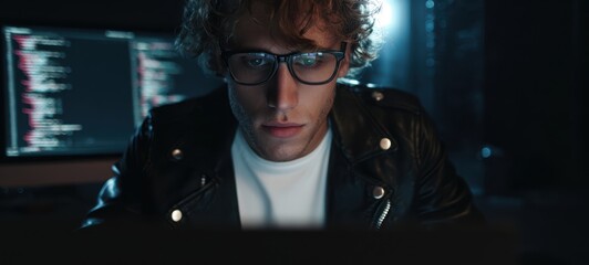 The Programmer Working Late on a Laptop in a Dark Tech Workspace