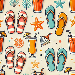 Seamless Summer Pattern with Flip Flops, Tropical Drinks, Starfish, and Seashells