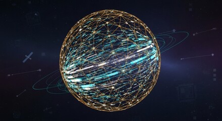 Wall Mural - Abstract globe network with orbiting satellites and circuit board patterns