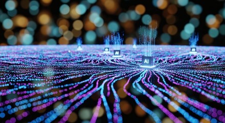 Wall Mural - Digital landscape with AI nodes and flowing data streams