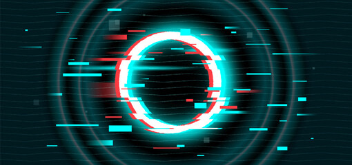 Wall Mural - glitch frame ring with bug distortion and cyan red digital artifacts for futuristic interface. circu