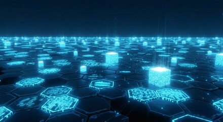 Wall Mural - Futuristic hexagonal grid with glowing blue cubes and data streams
