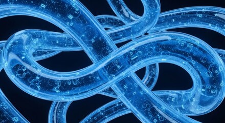 Wall Mural - Intertwined translucent blue digital data streams on a dark background