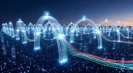Wall Mural - Network of luminous arches and data streams over a digital city