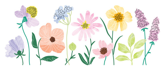 Wall Mural - Flower elements vector set. Collection colorful floral of wildflower, leaf branch, foliage with watercolor texture. Hand drawn blossom illustration for decor, easter, thanksgiving, clipart.