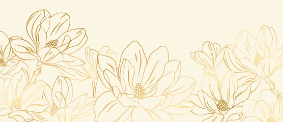 Wall Mural - Gold flower hand drawn on white background vector. Natural botanical elegant floral with gold line art. Luxury illustration for decoration, wall decor, wallpaper, cover, banner, package, card.