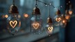 © At My Hat - Hanging mason jar string lights with glowing hearts inside them. Use for Valentine's Day designs, romantic themes, or home decor.
