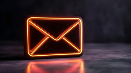Wall Mural - orange neon email symbol on dark surface, 3d rendering.